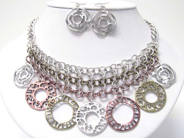 Multi metal design rings dangle chain necklace earring set