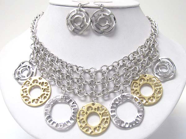 Multi metal design rings dangle chain necklace earring set