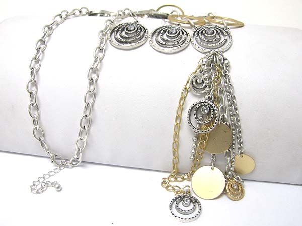 Multi metal design rings and chain tassel drop long necklace earring set