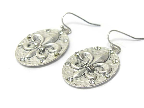 Crystal stud fleur de lis oval disk earring