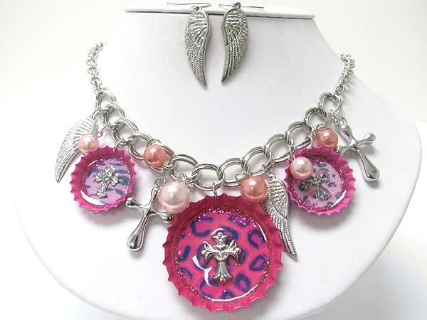 Multi bottle cap art cross charm and beads dangle necklace earring set