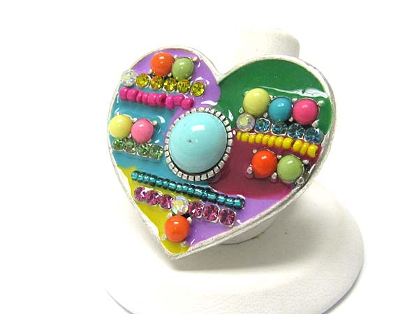 Mixed beads and stone deco heart stretch ring