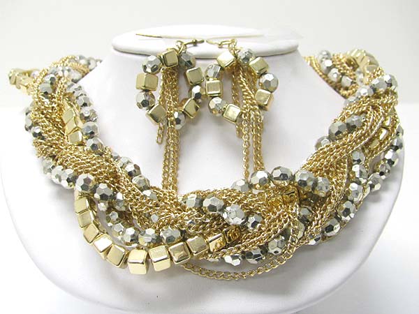 Mixed metal and beads chain twist tangle necklace earring set