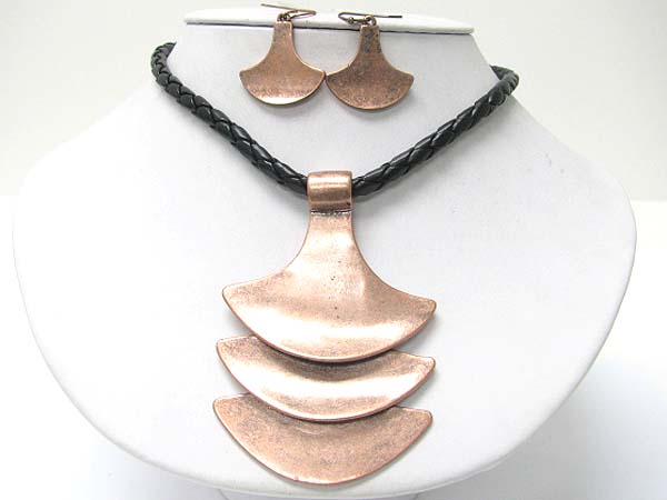 Ethnic style 3 tier metal drop pendant cord necklace earring set