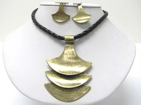 Ethnic style 3 tier metal drop pendant cord necklace earring set