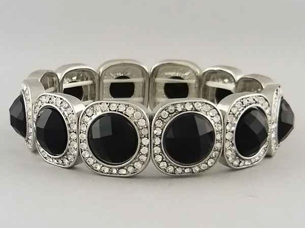 Crystal metal square and on center crystal glass patern stretch bracelet