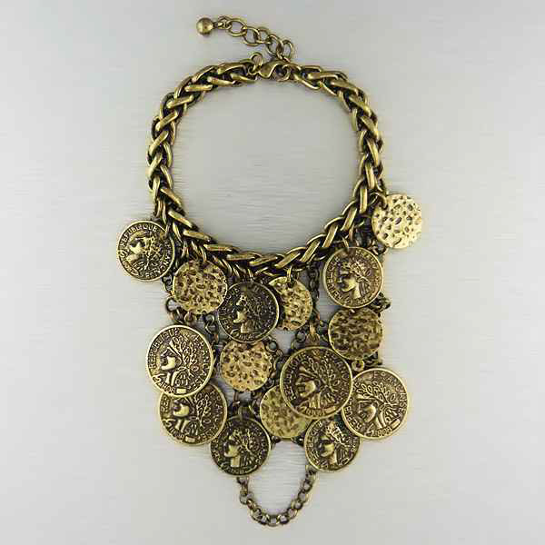 Metal coin cascading on finger hook metal mesh chain bracelet