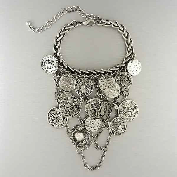 Metal coin cascading on finger hook metal mesh chain bracelet