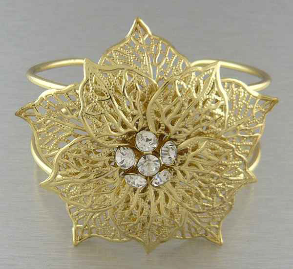 Crystal large fashion metal filigree flower hinge bangle