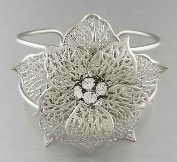 Crystal large fashion metal filigree flower hinge bangle