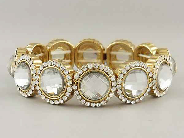 Facet glass stone metal disk link stretch bracelet