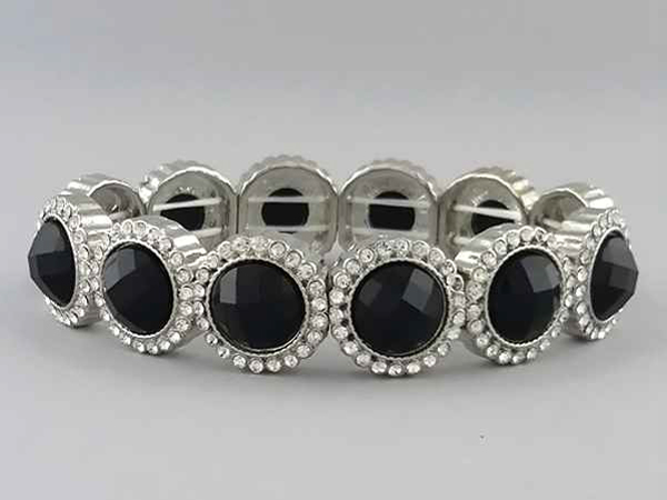 Facet glass stone metal disk link stretch bracelet