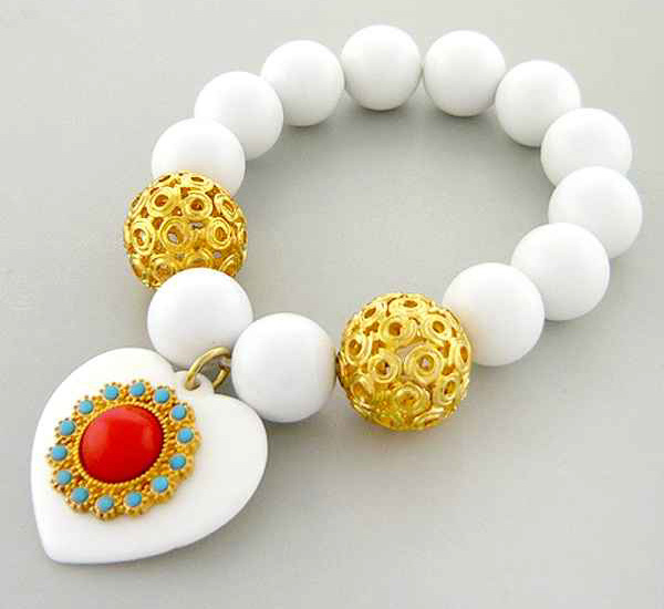 Multi acryl ball and two metal balls drop heart center natural stone and seed beads fashion stretch bracelet