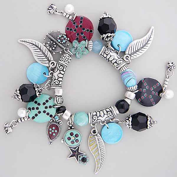 Multi metal leaf with shell disk and facet acryl stone charm bracelet