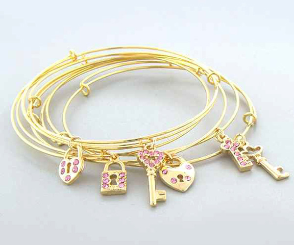 Multi crystal key and lock dangle multi metal fashion bangle