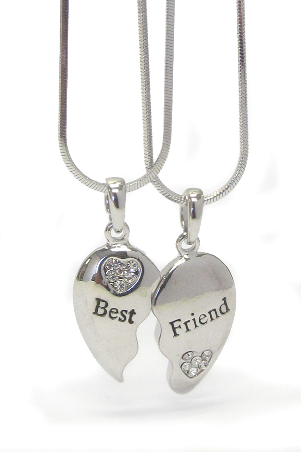 MADE IN KOREA WHITEGOLD PLATING CRYSTAL SEPARATE BEST FRIEND HEART DUAL  NECKLACE
