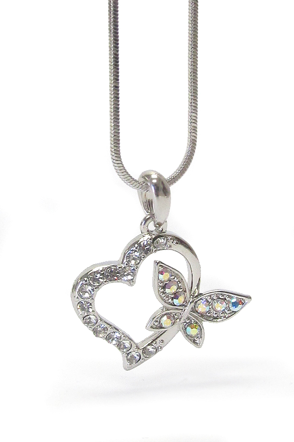 MADE IN KOREA WHITEGOLD PLATING CRYSTAL BUTTERFLY HEART PENDANT NECKLACE