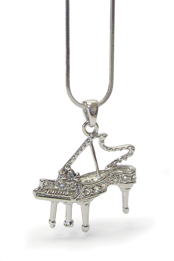 MADE IN KOREA WHITEGOLD PLATING CRYSTAL STUD  MUSIC THEME GRAND PIANO PENDANT NECKLACE