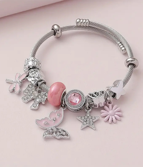 Multi charm flexible stainless steel wire bangle bracelet - butterfly flower heart