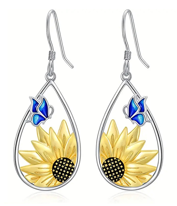 Sunflower and butterfly teardrop earring