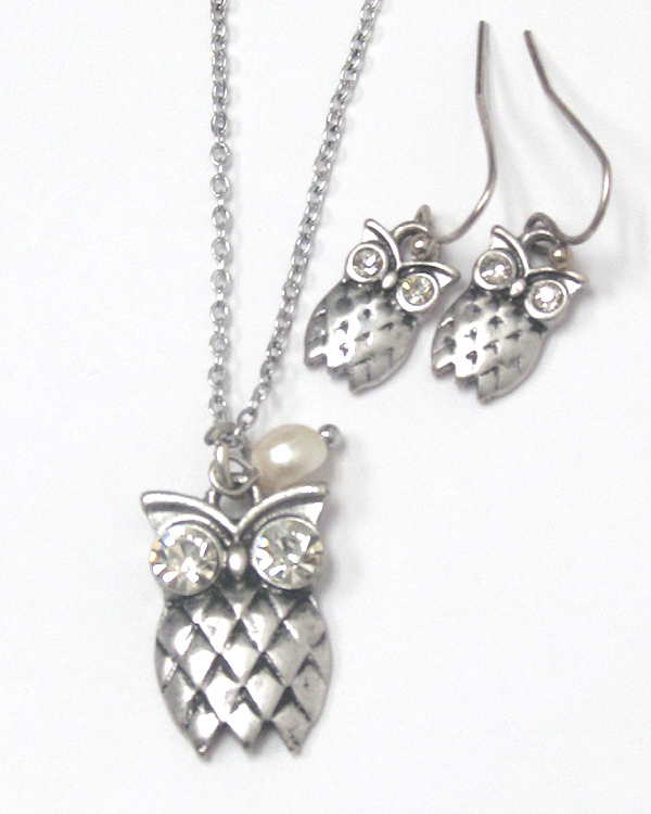 Owl metal textured necklace set 