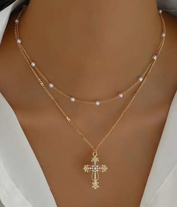 Cross pendant double layer necklace