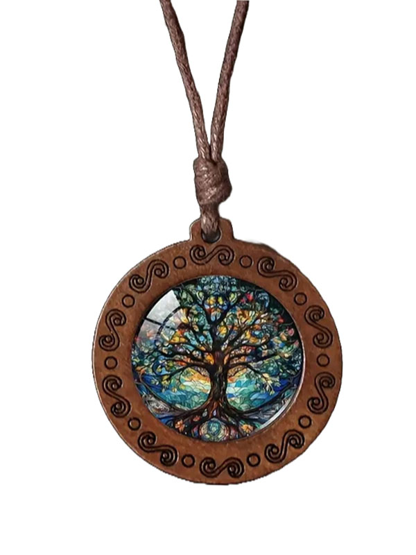 Tree of life glass and wood pendant necklace