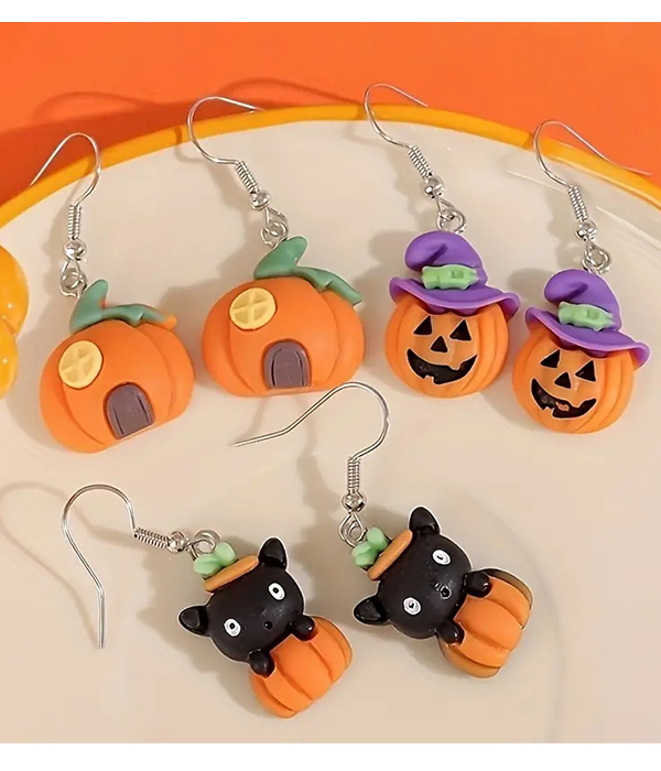 Halloween theme 3 pair clay earring set - pumpkin