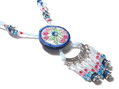 Hand made embroidered round shape pendant and dyed coco heishi and glassbeads necklace