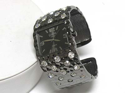 Crystal stud wide metal bangle watch