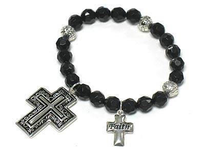 Cross charm dangle facet glass beads stretch bracelet