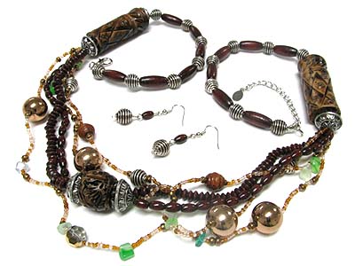 Ethnic style multi strand carved ball and wood beads long necklace earring set