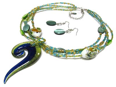 Swirl pattern murano glass pendant multi strand seed beads neckalce earring set