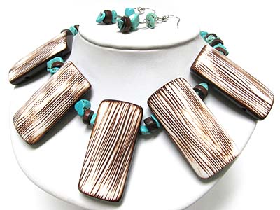 Turquoise stone and formica bar necklace earring set