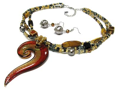 Swirl pattern murano glass pendant multi strand seed beads neckalce earring set