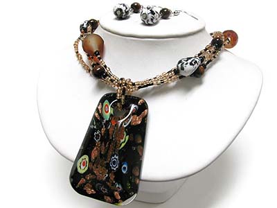 Murano glass long rectangle pendant multi strand seed beads neckalce earring set