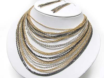 Tri tone metal multi strand chain hanging necklace earring set