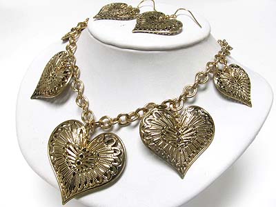 Filigree metal heart dangle necklace earring set