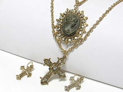 Crystal cross and cameo pendant double layer necklace earring set