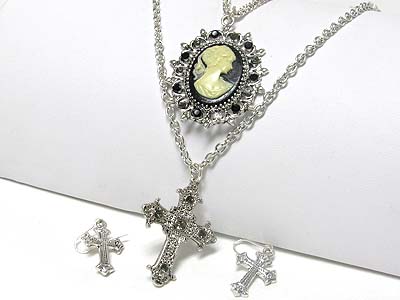 Crystal cross and cameo pendant double layer necklace earring set