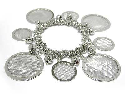 Meatl mesh round charm dangle stretch bracelet