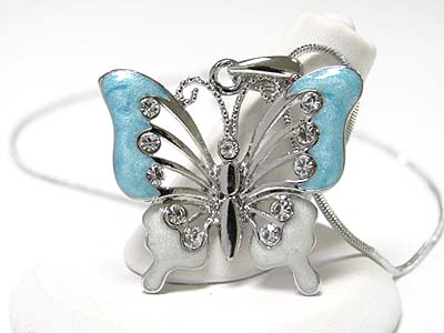 Made in korea whitegold plating crystal and epoxy butterfly pendant necklace