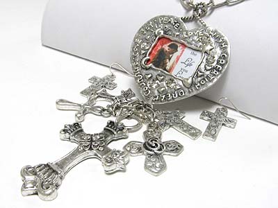 Cross charm dangle heart photo frame pendant necklace earring set