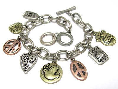 Peace theme tri tone metal charm toggle bracelet