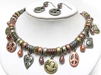 Peace theme tri tone metal charm dangle neckalce earring set