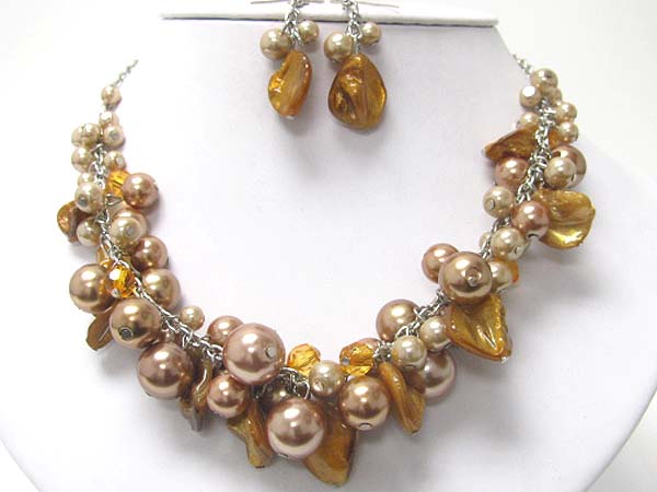 Multi pearl ball and see shell dangle neckalce earring set