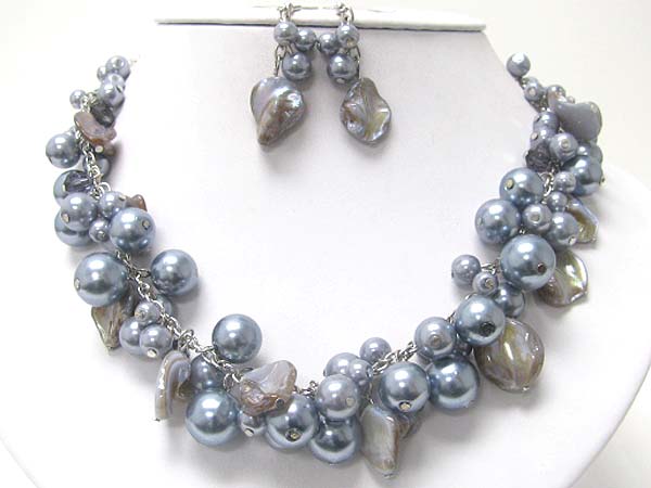 Multi pearl ball and see shell dangle neckalce earring set