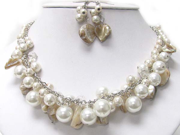 Multi pearl ball and see shell dangle neckalce earring set