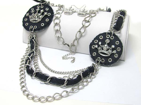 Filigree metal crown and denim mixed multi chain long neckalce earring set