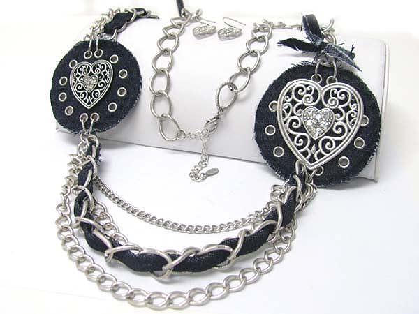 Filigree metal heart and denim mixed multi chain long neckalce earring set